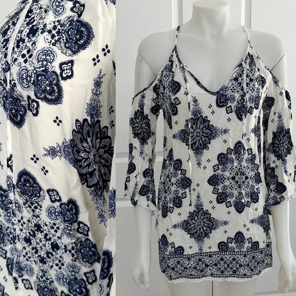 Blue & White Floral Paisley Print Boho Festival Cutout Dress - Picture 17 of 17